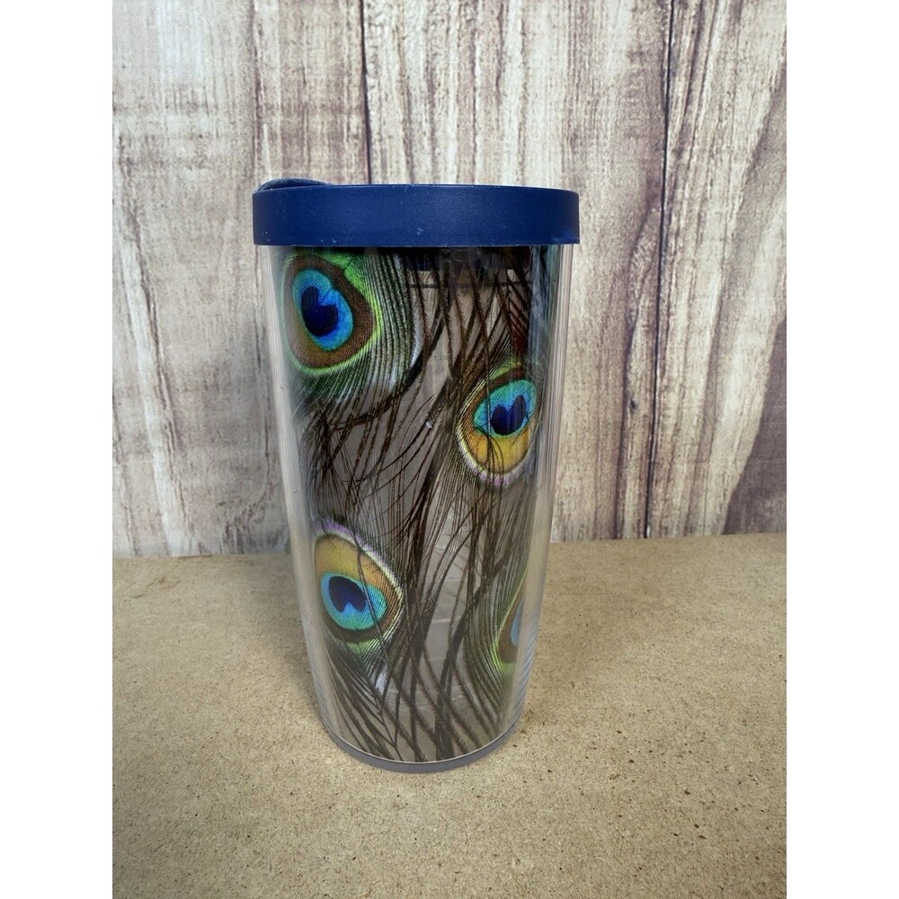 TERVIS Insulated Tumbler Peacock Feathers 16oz Plastic Travel Cup W/ Blue Lid